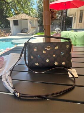 Coach Black Floral Signature Crossbody with Gold Logo